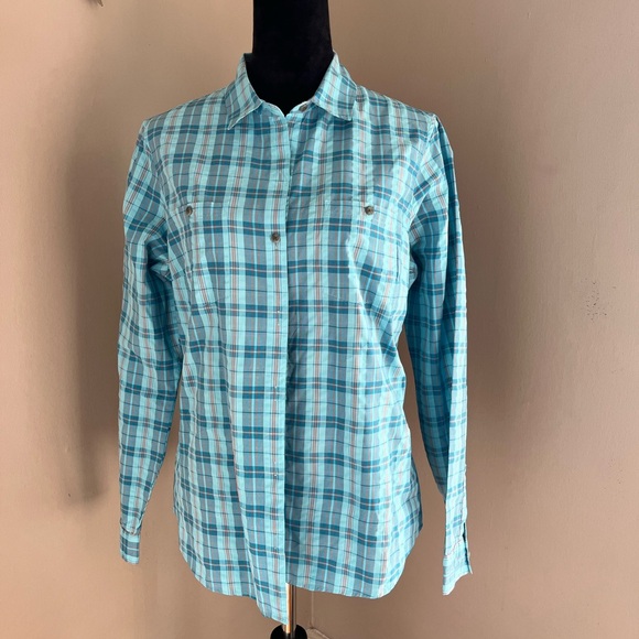 Eddie Bauer Teal and Red Plaid Long Sleeve Collar Buttoned Down Shirt Large - Picture 2 of 13